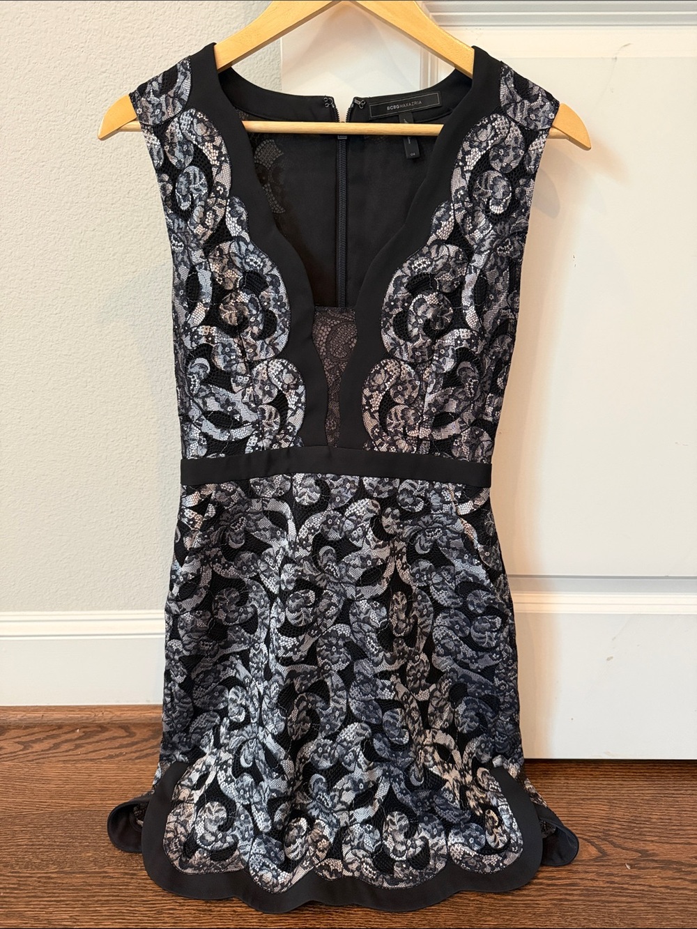 BCBGMaxAzria Black and Silver Lace-Print Sleeveless Mini Dress